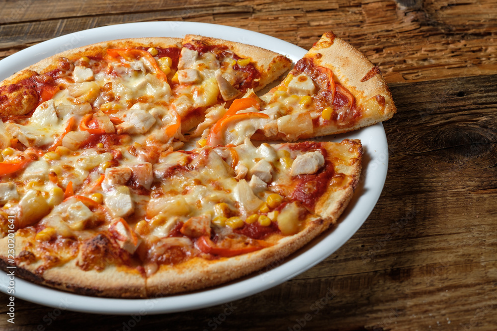 Pizza with chicken, corn and pineapple Pizza with chicken, corn and pineapple