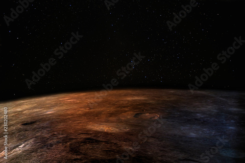 Fototapeta Naklejka Na Ścianę i Meble -  Mars - the red planet. Martian surface and dust in the atmosphere, stars above. Elements of this image furnisfurnished by NASA.