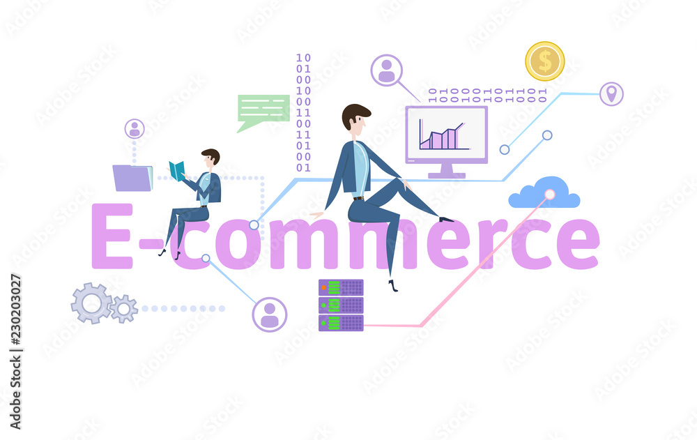E-commerce. Concept with people, letters and icons. Colored flat vector illustration on white background.