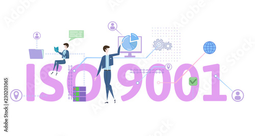 ISO 9001 standart. Concept with people, letters and icons. Colored flat vector illustration on white background. photo