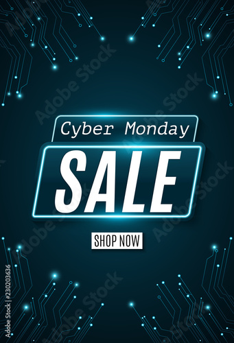 Cyber Monday flyer. Super sale. Hi-tech glowing blue circuit board. Web neon banner. Modern design. Vector illustration