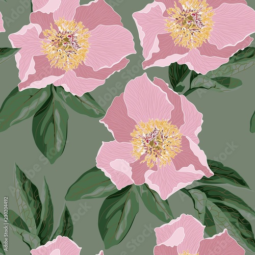 Fototapeta Naklejka Na Ścianę i Meble -  Pink peonies with green leaves on the dark green background. Seamless pattern. Romantic garden flowers illustration. 