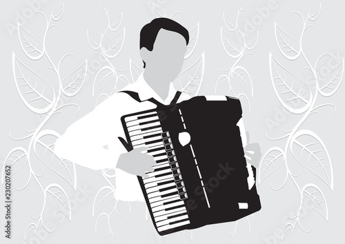 Silhouette musician, accordion player on white background, vector illustration.