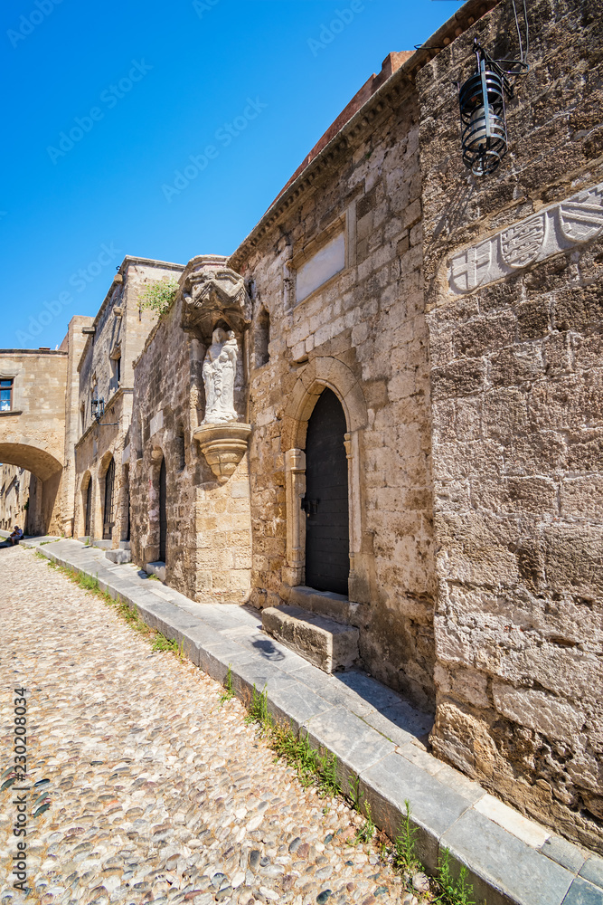 Empty street of knights (Ippoton) in City of Rhodes (Rhodes, Greece).
