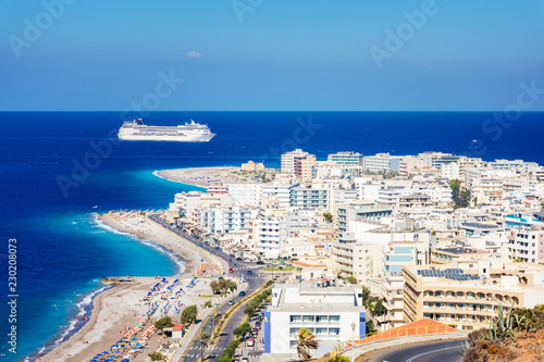 View of Aegean coast of City of Rhodes and cruise ship (Rhodes, Greece).