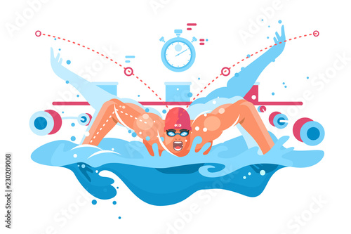Muscular swimmer in competition swimming pool.