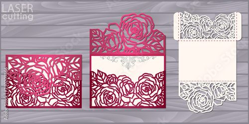 Die laser cut wedding card vector template. Invitation pocket envelope with roses pattern. Wedding lace invitation mockup.