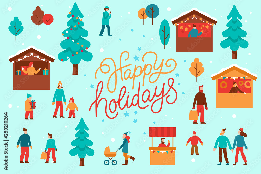 Vector illustration in flat simple style with hand lettering happy holidays