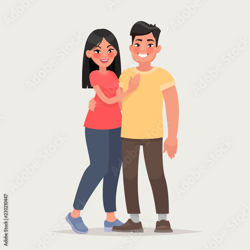 Asian couple over isolated background. Happy man and woman together. Vector illustration