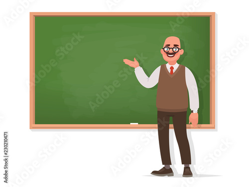Professor stands at the blackboard on a white background. The teacher is giving a lecture. Vector illustration