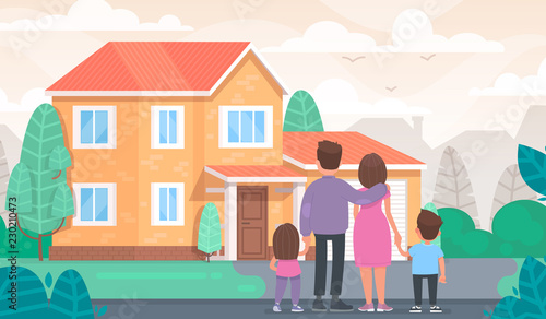 Happy family is looking at their new home. Vector illustration