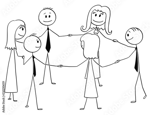 Cartoon stick drawing conceptual illustration of group of six business people or businessmen and businesswomen holding each other hand and standing together in circle.