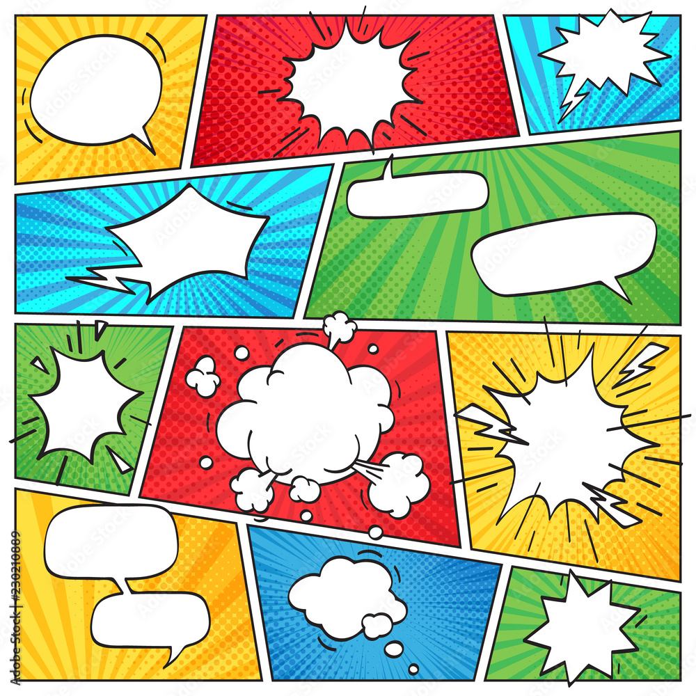 Fototapeta premium Comic page layout. Funny comics striped scrapbook page with smoke clouds and speech bubbles retro background vector layout template