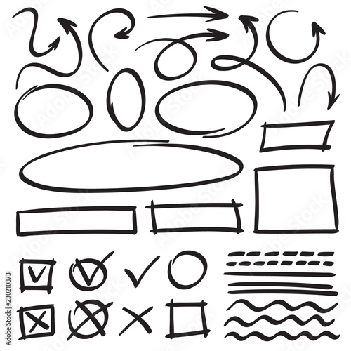 Sketch arrows and frames. Hand drawn circle, oval frame and arrow doodles. Cartoon pointers and lines vector set