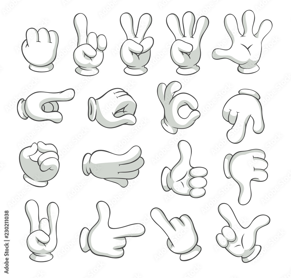 Fototapeta premium Cartoon gloved arms. Hand in glove character, motion hands. Vector isolated illustration collection