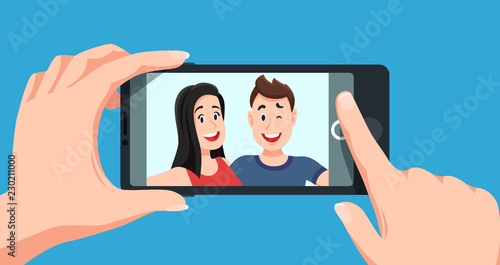 Couple selfie. Romantic self portrait, young friends taking selfie photo cartoon vector illustration