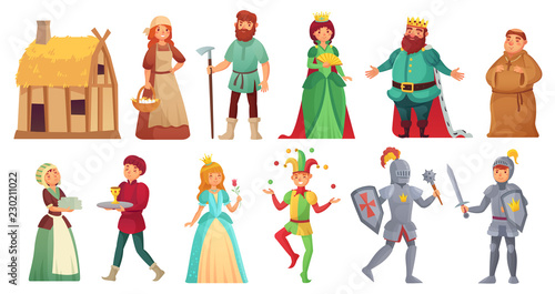 Medieval historical characters. Historic royal court alcazar knights, medieval peasant and king isolated cartoon vector character photo