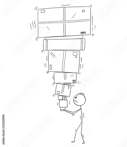 Cartoon stick drawing conceptual illustration of man or businessman carrying and balancing big pile of paper boxes.