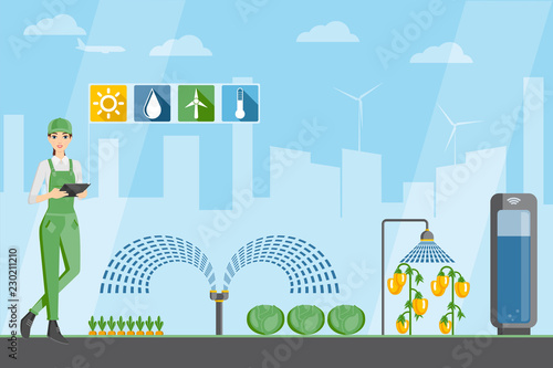 Woman farmer with tablet in a modern greenhouse. Internet of things in agriculture. Smart farm with wireless control. Vector illustration.