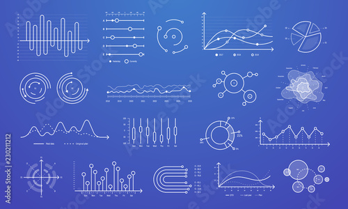 Linear graph chart. Thin line charts, modern statistics graphs and circular bar progress presentation diagram isolated vector set