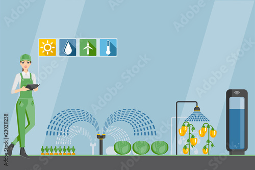 Woman farmer with tablet in a modern greenhouse. Internet of things in agriculture. Smart farm with wireless control. Vector illustration.