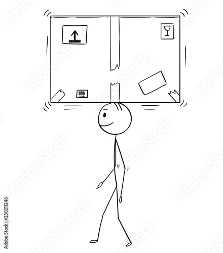 Cartoon stick drawing conceptual illustration of man or businessman carrying and balancing big cardboard paper box on his head.