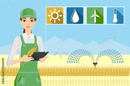 Woman farmer with tablet in a wheat field. Internet of things in agriculture. Smart farm with wireless control. Vector illustration.