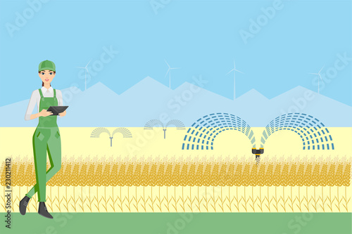 Woman farmer with tablet in a wheat field. Internet of things in agriculture. Smart farm with wireless control. Vector illustration.