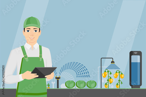 Farmer with tablet in a modern greenhouse. Internet of things in agriculture. Smart farm with wireless control. Vector illustration.