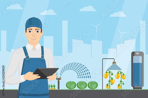 Farmer with tablet in a modern greenhouse. Internet of things in agriculture. Smart farm with wireless control. Vector illustration.