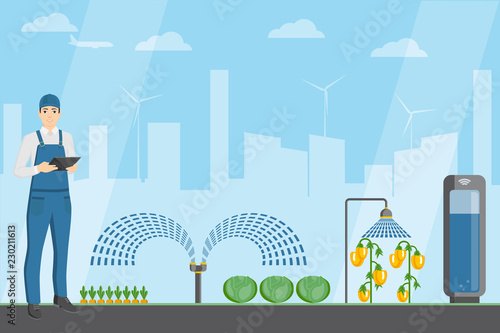 Farmer with tablet in a modern greenhouse. Internet of things in agriculture. Smart farm with wireless control. Vector illustration.
