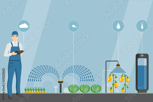 Farmer with tablet in a modern greenhouse. Internet of things in agriculture. Smart farm with wireless control. Vector illustration.