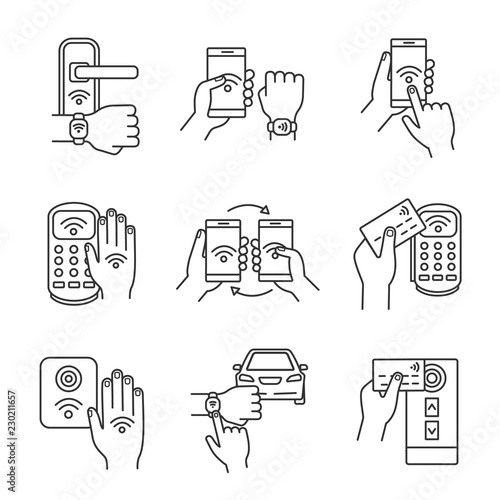 NFC technology linear icons set