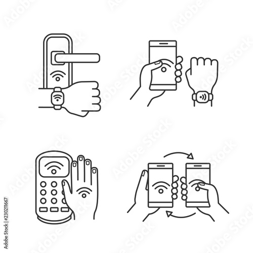 NFC technology linear icons set