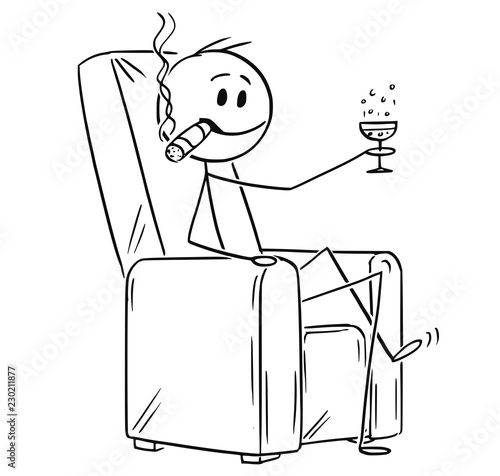 Cartoon stick drawing conceptual illustration of happy successful man or businessman with big cigar sitting in armchair and raising glass of champagne or wine.