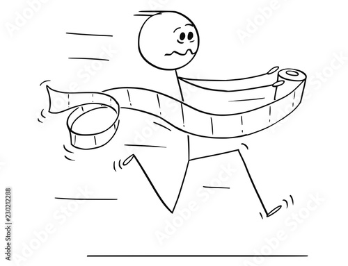 Cartoon stick drawing conceptual illustration of man running in panic to toilet or bathroom or lavatory with toilet paper in hand.