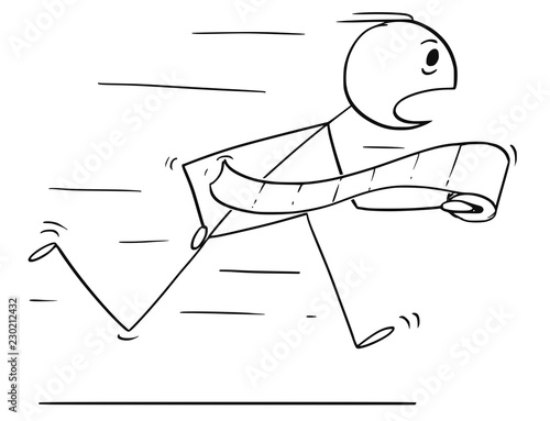 Cartoon stick drawing conceptual illustration of man running in panic to toilet or bathroom or lavatory with toilet paper in hand.