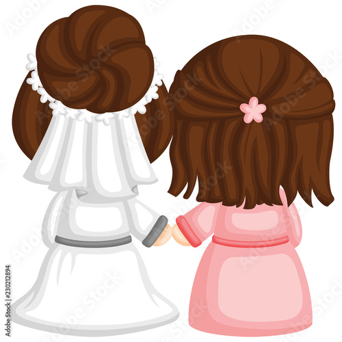 a bridesmaid together with the bride holding hand