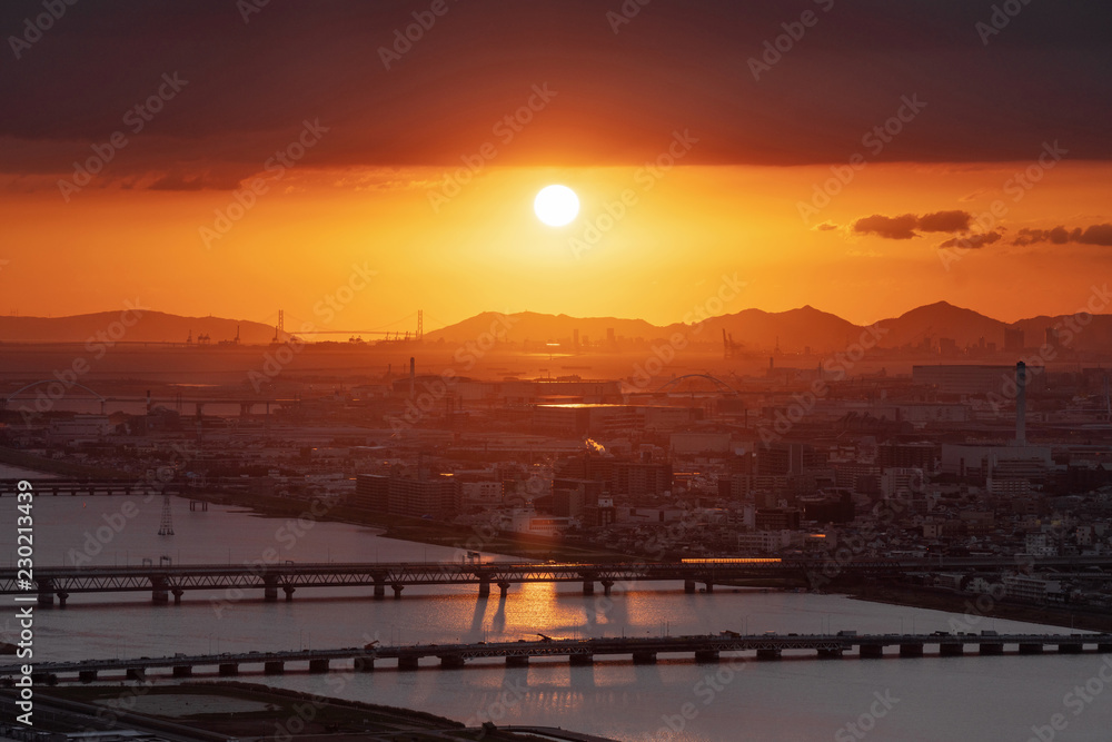 Japan, Osaka city view in sunset Japan, Osaka city view in sunset