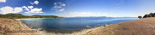 Panoramic landscape with the beach in Maria Island in Tasmania  national reservation in Australia  beautiful seaside and coastal scenery