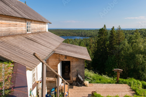 View of the island of Anzersky, monastery building, and the White Sea from Mount Calvary on Anzersky Island, Solovki Islands, Arkhangelsk Region, Russia