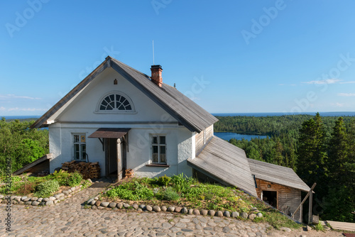 View of the island of Anzersky, monastery building, and the White Sea from Mount Calvary on Anzersky Island, Solovki Islands, Arkhangelsk Region, Russia