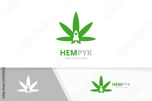 Vector marijuana leaf and rocket logo combination. Hemp and start up symbol or icon. Unique cannabis and spaceship logotype design template.
