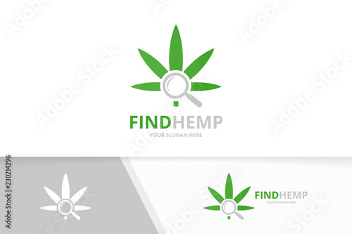 Vector marijuana leaf and loupe logo combination. Hemp and magnifying symbol or icon. Unique cannabis and search logotype design template.