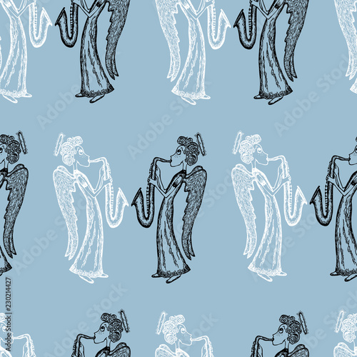 Seamless pattern of angels playing trumpets