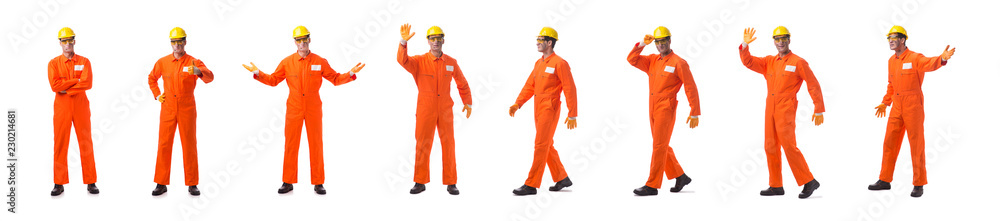 Contractor employee wearing coveralls isolated on white Contractor employee wearing coveralls isolated on white