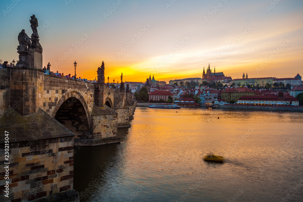 Prague castle and Charles bridge at sunset, Czech republic