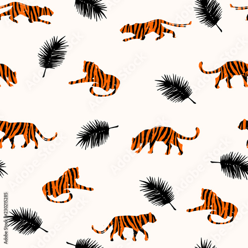 Photography Seamless exotic pattern with abstract silhouettes of tigers.