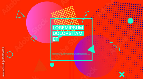 Memphis Minimal Cover Horizontal Vector Template. Neon Gradient Overlay, Small Space Particles Background. Geometric Memphis Design Elements, Horizontal Music Poster. Vintage Elemets Business Design.