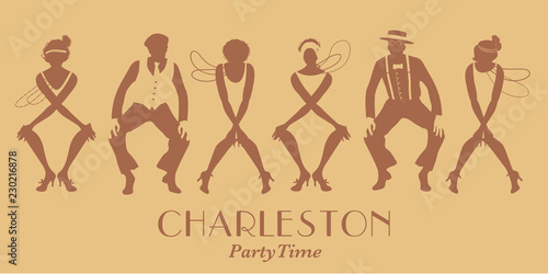 Silhouettes of four flapper girls and two man wearing retro clothes dancing Charleston. Vector Illustration photo